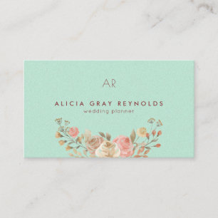 Mint Monogram Watercolor Floral Wedding Planner Visitenkarte
