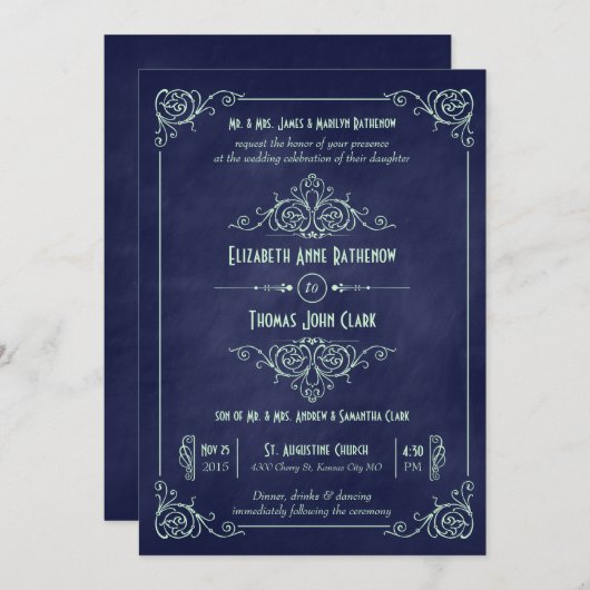 Mint & Navy Blue Chalkboard Art Deco Einladung (Vorne/Hinten)