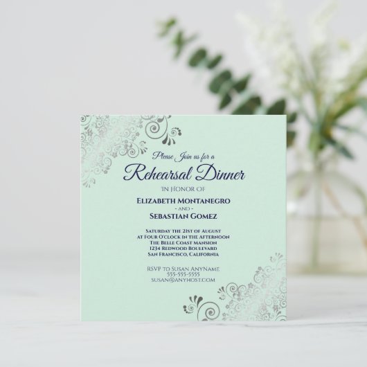 Mint Navy & Silver Wedding Probe Dinner Square Einladung (Stehend Vorderseite)