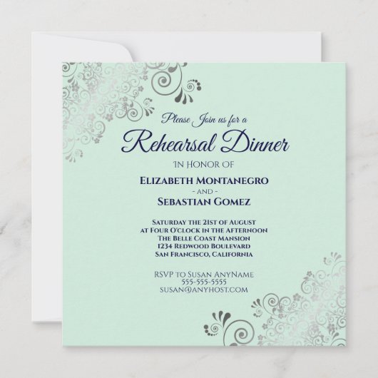 Mint Navy & Silver Wedding Probe Dinner Square Einladung (Vorderseite)