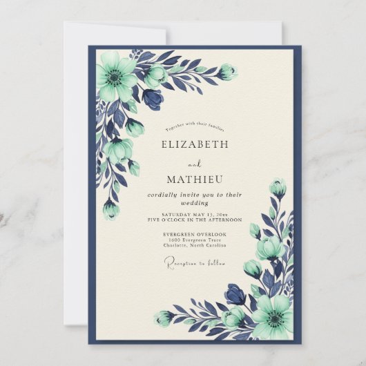 Mint Navy Tranquil Botanical Wedding Einladung (Vorderseite)