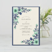 Mint Navy Tranquil Botanical Wedding Einladung (Stehend Vorderseite)
