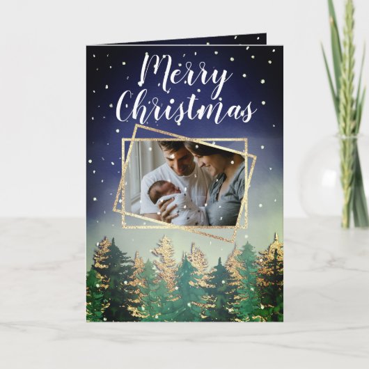 Mint Navy Wasserfarbe Schneebäume Weihnachten Karte (Vorderseite)