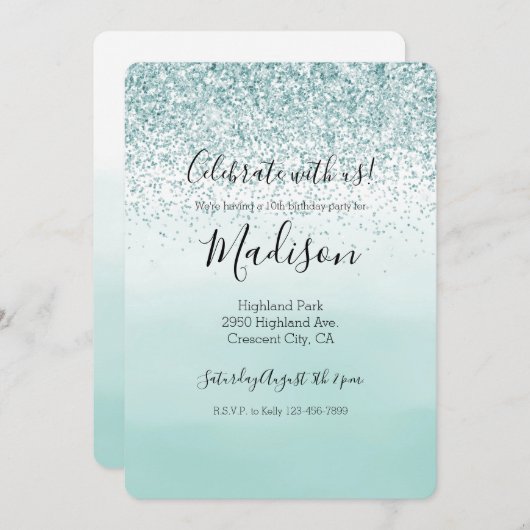 Mint Ombre Glitzer Einladung (Vorne/Hinten)