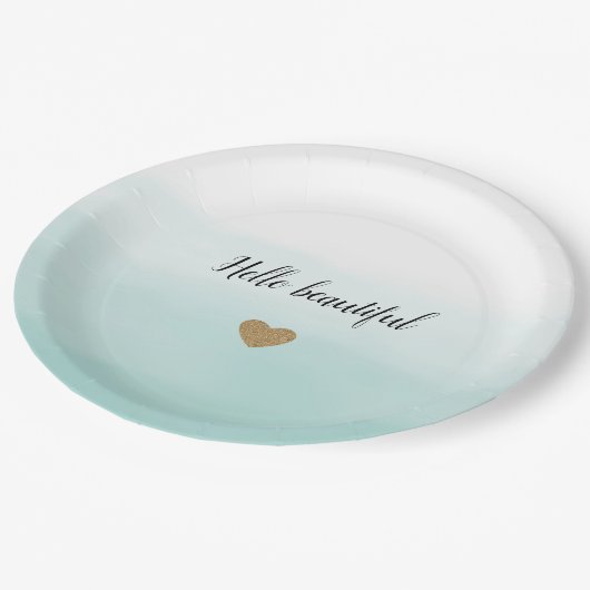 Mint Ombre Gold Glitzer Herz personalisiert Pappteller (Schrägansicht)