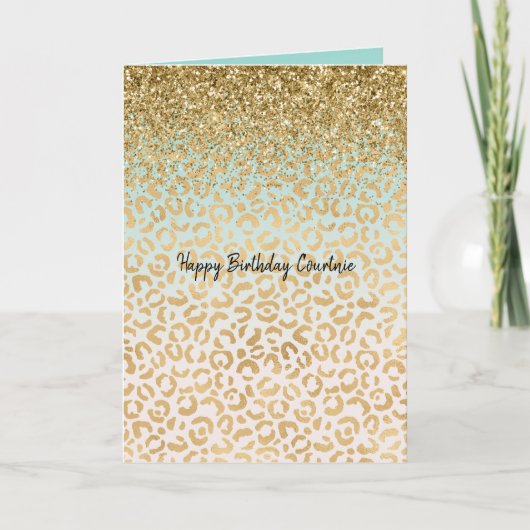 Mint Ombre Gold Glitzer Leopard Print Karte (Vorderseite)