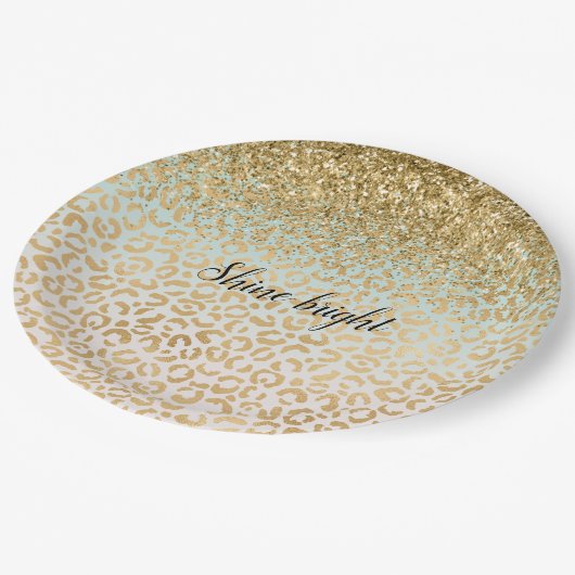 Mint Ombre Gold Glitzer Leopard Print Pappteller (Schrägansicht)
