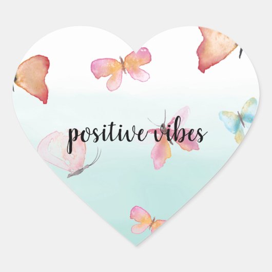 Mint Ombre Pink Butterflies Wasserfarbe Herz-Aufkleber (Vorderseite)