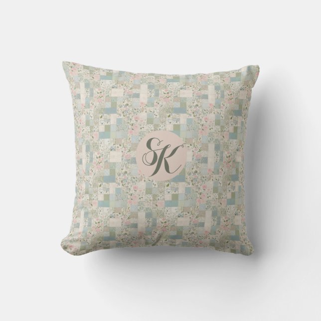 Mint Patchwork Monogramm Kissen (Vorderseite)