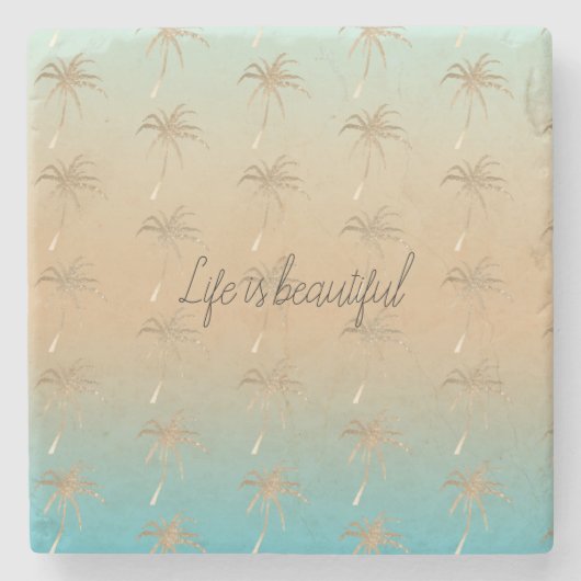 Mint Peach Aqua Tropical Gold Palmen Bäume Steinuntersetzer (Vorderseite)