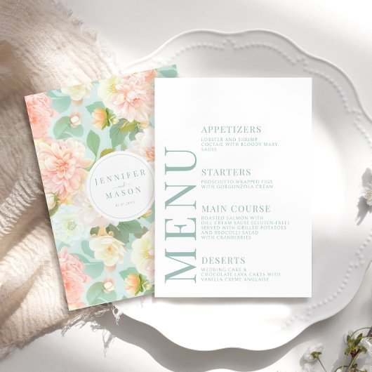 Mint Peach Peony Floral Wedding Menu Cards Begleitkarte