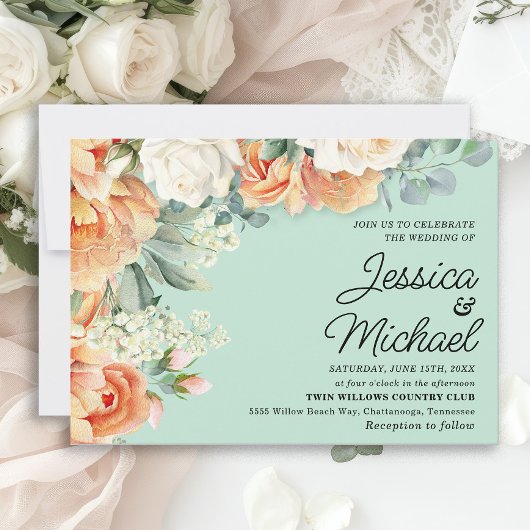 Mint Peach White Floral Wedding Einladung