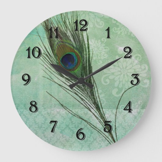Mint Peacock Feather Große Wanduhr (Vorderseite)