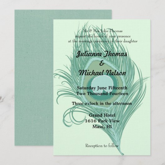 Mint Peacock Feather Wedding Einladung (Vorne/Hinten)
