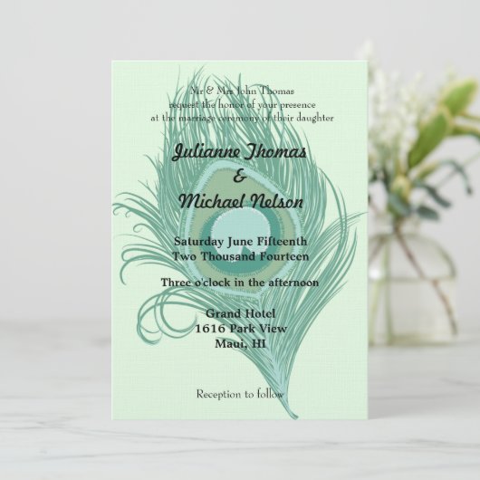 Mint Peacock Feather Wedding Einladung (Stehend Vorderseite)
