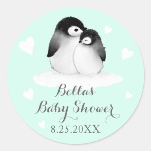 Mint Penguins Baby Shower Stickers