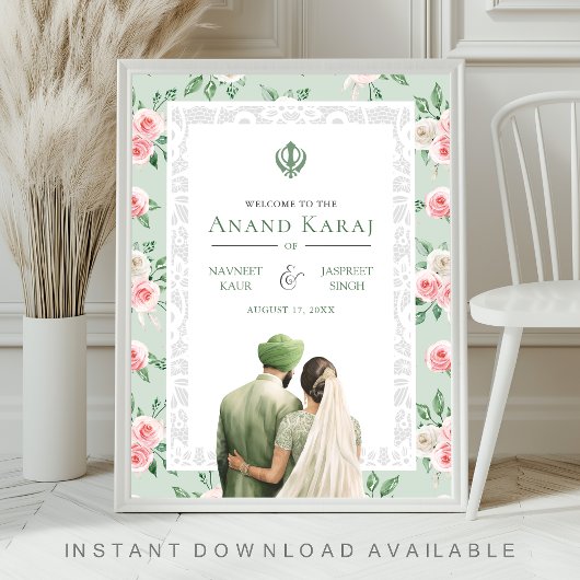 Mint Pink Floral Anand Karaj Wedding Begrüßungszei Poster