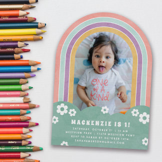 Mint Pink Floral Rainbow Kid's Birthday Einladung