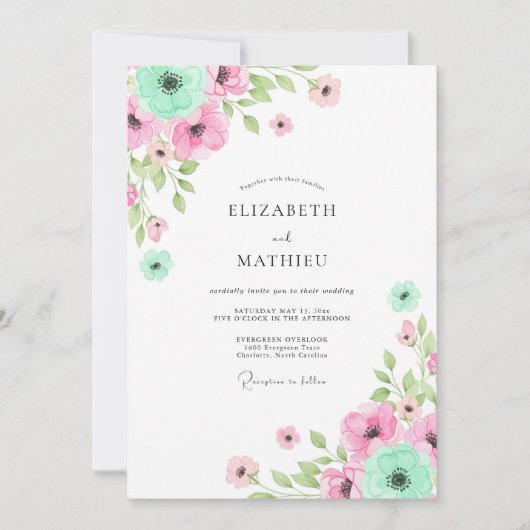 Mint Pink Floral Whimsy Wedding Einladung (Vorderseite)