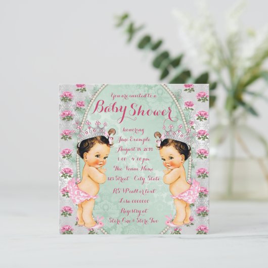 Mint Pink Rose Twin Girl Babydusche Einladungen (Stehend Vorderseite)