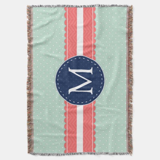 Mint Polka Dot Muster Cornavy Blue Monogram Decke (Vorderseite Vertikal)