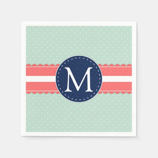 Mint Polka Dot Muster Cornavy Blue Monogram Serviette (Vorderseite)