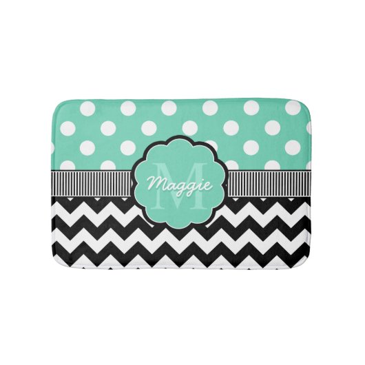Mint Polka Dots Black Zickzack Monogram Badematte (Vorderseite)