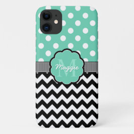 Mint Polka Dots Black Zickzack Monogram Case-Mate iPhone Hülle
