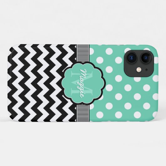 Mint Polka Dots Black Zickzack Monogram Case-Mate iPhone Hülle (Rückseite (Horizontal))