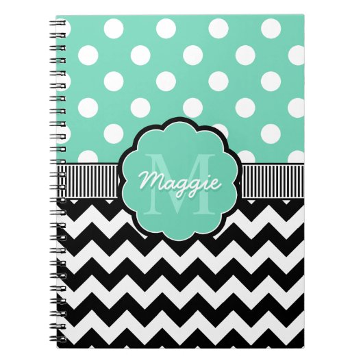 Mint Polka Dots Black Zickzack Monogram Notizblock (Vorderseite)