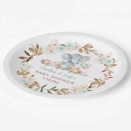 Mint Pumpkin Elephant Baby Shower Party Paper Plat Pappteller (Schrägansicht)