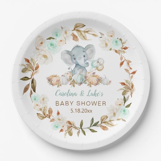 Mint Pumpkin Elephant Baby Shower Party Paper Plat Pappteller (Vorderseite)