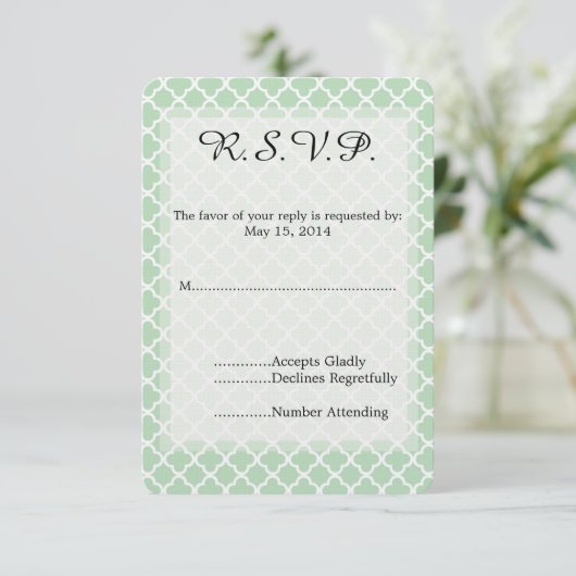 Mint Quatrefoil Wedding RSVP (Stehend Vorderseite)