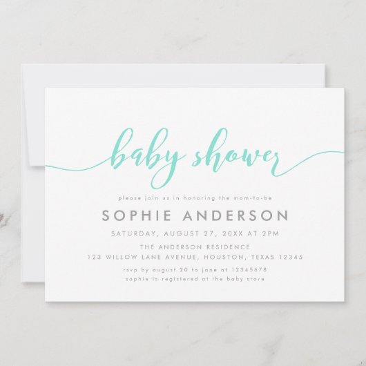 Mint Relax Script Baby Dusche Einladung (Vorderseite)