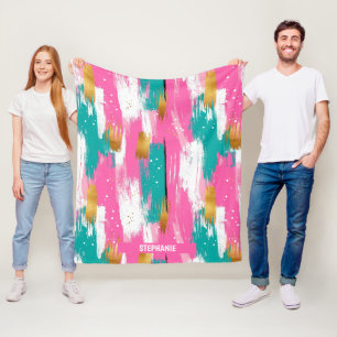 Mint Rosa Gold Abstraktes Pinselstrichmuster Fleecedecke