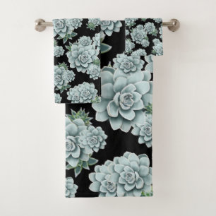 Mint Rosette Succulents Wiederholen Druck auf schw Badhandtuch Set