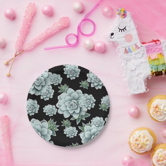 Mint Rosette Succulents Wiederholen Druck auf schw Pappteller (Party)