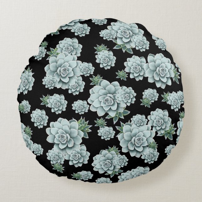 Mint Rosette Succulents Wiederholen Druck auf schw Rundes Kissen (Vorderseite)