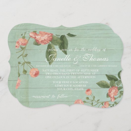 Mint Rustic Elegant Holz Hübsch Peach Blush Rose Einladung (Vorne/Hinten)