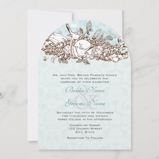 Mint Rustic Forest Birds Oak Tree Scroll Hochzeit Einladung (Rückseite)