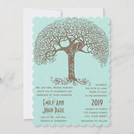 Mint Rustic Romantic Love Bird Wirbler Baum Einladung (Vorderseite)
