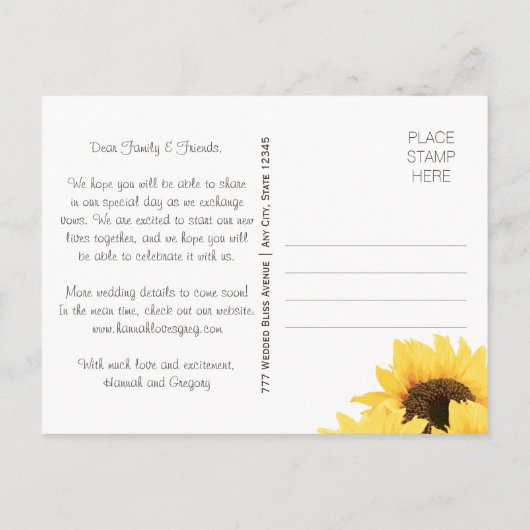 MINT RUSTISCHER SONNENBLUMEN SAVE THE DATE POSTCAR ANKÜNDIGUNGSPOSTKARTE (Rückseite)