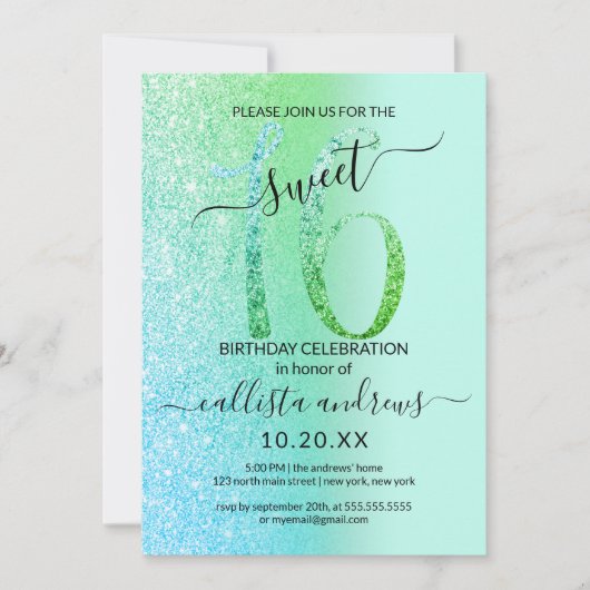 Mint Sea Green Blue Glitzer Ombre Sweet 16 Einladung (Vorderseite)