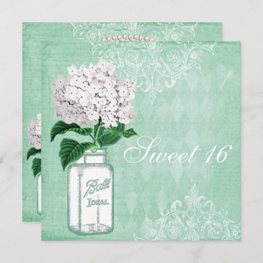 Mint Shabby Chic Mason Jar & Hydrangea Sweet 16 Einladung (Vorne/Hinten)