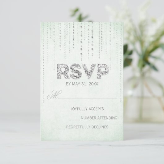 Mint & Silver Glitzer Look Hochzeitkarte RSVP (Stehend Vorderseite)