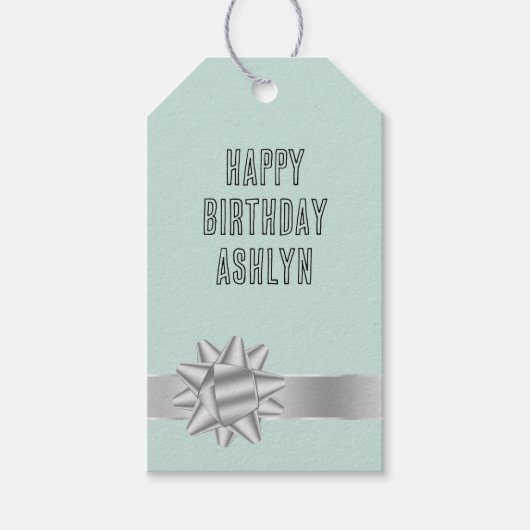 Mint Silver Ribbon Bow Geburtstag Geschenkanhänger (Vorderseite)