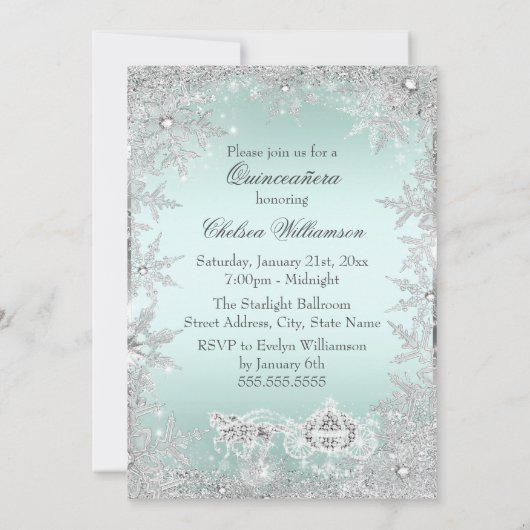 Mint Silver Tiara Snowflake Sparkle Quinceanera Einladung (Rückseite)