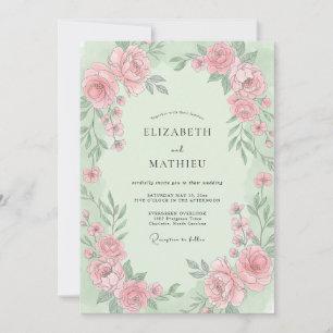Mint Staubige Rosa Ranunculus Eukalyptus Hochzeit Einladung