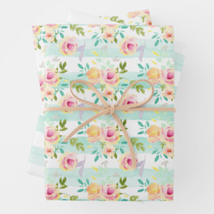Mint Stripes floral Chic Geschenkpapier Set