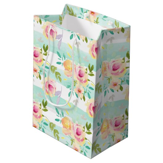 Mint Stripes floral Chic Mittlere Geschenktüte (Rückseite Schrägansicht)